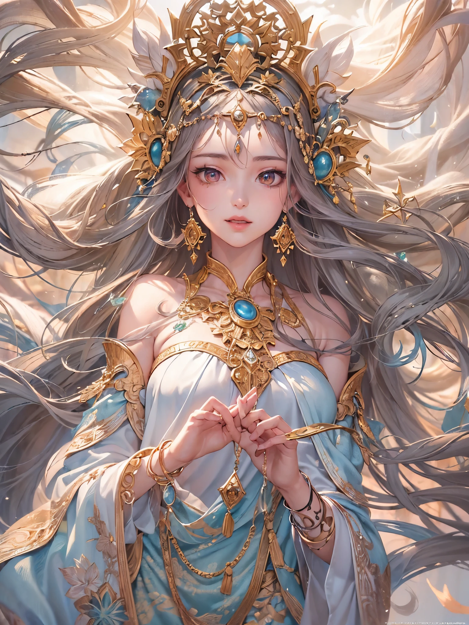 ((Finest quality)),(超A high resolution),(ultra-detailliert),(Meticulous portrayal),((Best CG)),(Finest works of art),Ultra-Precision Art,The art of astounding depiction,(Fantasy art with detailed depictions:1.5), (One Goddess:1.8),Beautiful and well-groomed face,ssmile:1.5,Beautiful down to the tips of your toes,(Thin clothing:1.8), Sunlight:1.3,the wind:1.3,vast river:1.6