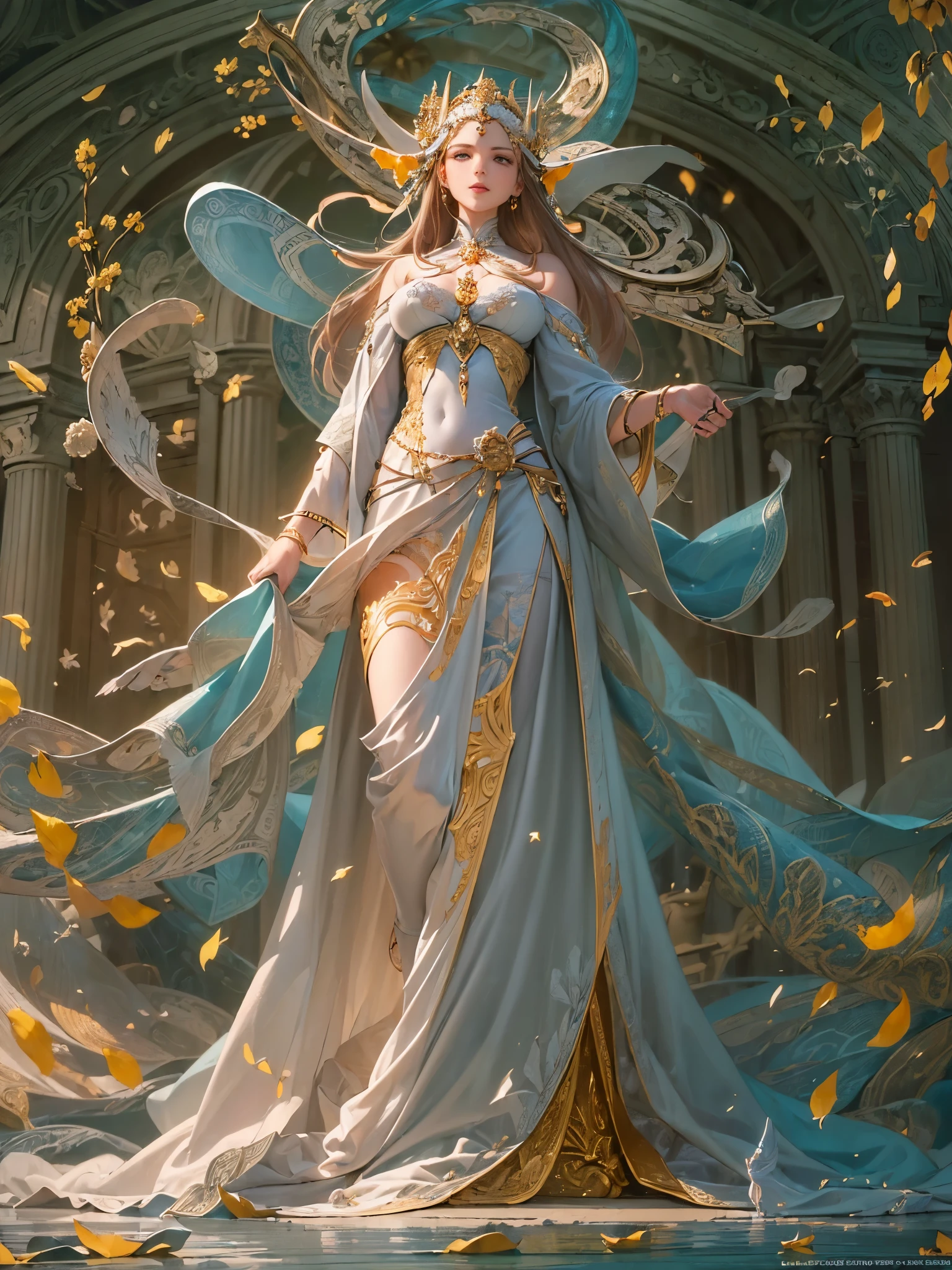((Finest quality)),(超A high resolution),(ultra-detailliert),(Meticulous portrayal),((Best CG)),(Finest works of art),Ultra-Precision Art,The art of astounding depiction,(Fantasy art with detailed depictions:1.5), (One Goddess:1.8),Beautiful and well-groomed face,ssmile:1.5,Beautiful down to the tips of your toes,(Thin clothing:1.8), Sunlight:1.3,the wind:1.3,vast river:1.6
