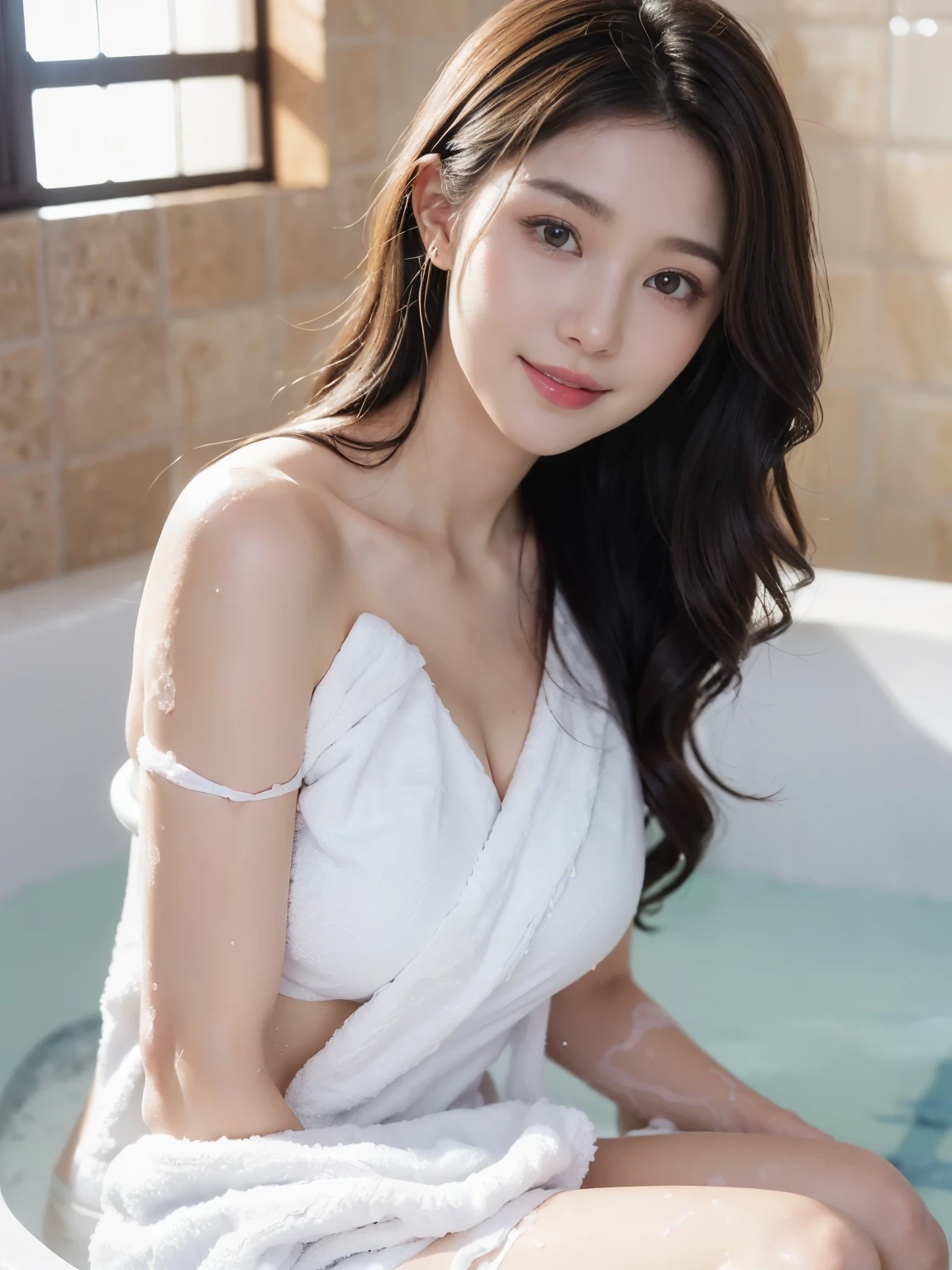 ((((top-quality))))、(((Ultra Precision CG16K Wallpapers)))、(((​masterpiece)))、(((ultra-detailliert)))、(((Ultra-extreme details)))、１Man Woman、a matural female、a 25yo woman、((Japanese face))、((extremely beautiful face))、((sasaki nozomi:1.5))、((Soft wave semi-long hair:1.3))、(shinny hair)、Bangs up to the eyebrows、Beautiful brown hair、Beautiful delicate eyes、Brown eyes、raised eyebrows、lofty nose、small nostrils、small mouth、seductive lips、slightly open mouth、Beautiful breasts、C-cup size breasts、cleavage of the breast、Plump body、perfectly proportions、perfect anatomia、perfect-composition、beautiful detailed shading、Beautiful natural lighting、Beautiful detail glow、depth of fields、(((a high chroma)))、(((realisitic:1.9)))、((Vivid:1.4))、((Beautiful skin))、((Skin texture))、((realisiticな皮膚感))、(((Head-to-thigh shot:1.5)))、((Frontal angle:1.5))、((a smile:1.4))、(Eyes looking at me)、Bright sunshine、(((Bathe in hot springs:1.5)))、(standing pose)、(((White bath towel:1.5)))、