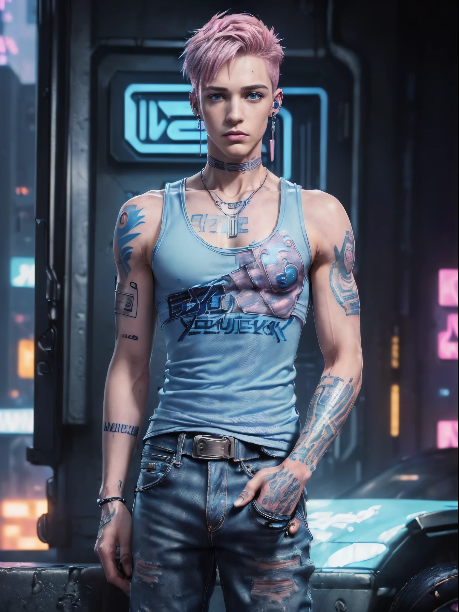 (best quality: 1.5), (Masterpiece: 1.5), (very high detailed: 1.5), (4k resolution: 1.5), 1boy, (21 years old: 1.2), (cyberpunk boy: 1.5), (beautiful white boy: 1.6), (tall boy: 1.3), (seductive blue eyes: 1.4), (very short pink hair: 1.4), (colorful tattoos on hands and neck: 1.4), (cyberpunk city: 1.4), (wear tank top men: 1.4), (wear blue jeans: 1.4), (cyberpunk blue shoes: 1.2), (earrings: 1.4), (wide lips: 1.5), (perfect photography: 1.4)