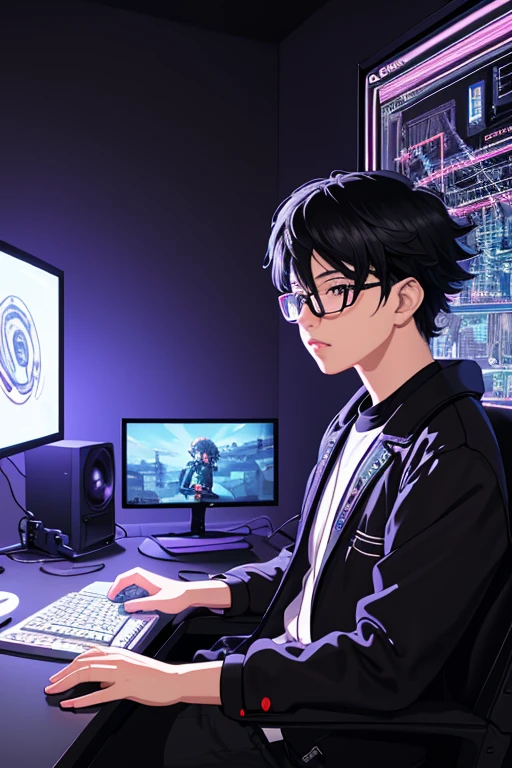 masterpiece), (best illustration),(with human),(boy),(black hair),(glasses), anime background, gaming bedroom, television with large computer, ring lighting , rim lighting,(extremely detailed CG unity 8k wallpaper),(masterpiece), (best quality), (vaporwave style), (ultra-detailed), (best illustration),(best shadow),perfect lighting , perfect  , vivid colors,