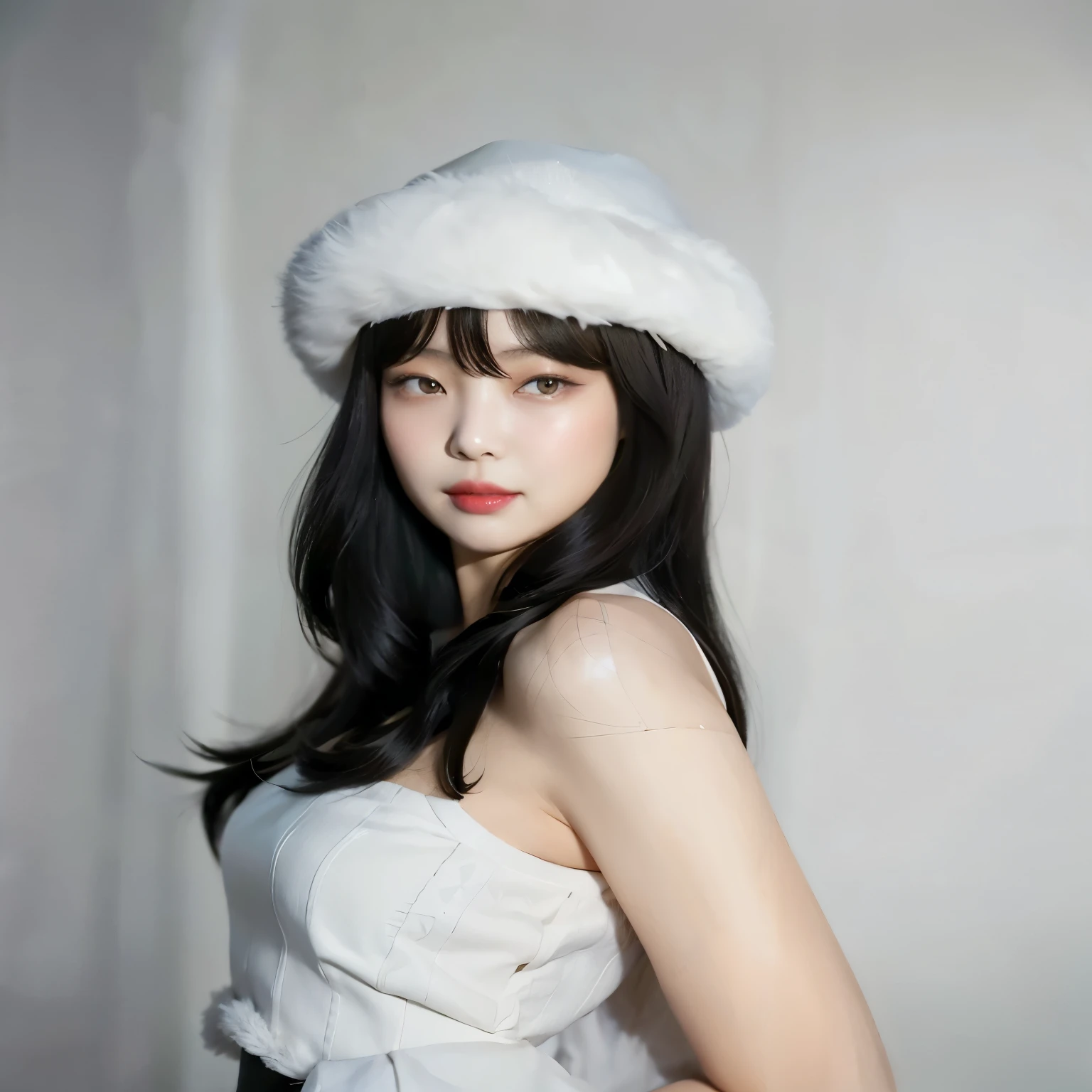 Araffe asian woman with white top and white fur hat., flequillo blanco, con pelaje blanco y esponjoso, beautiful south Mujer coreana, black hair and flequillo blanco, Peinado blanco de corte hime, Cabello largo y blanco y flequillo, pale snow white skin, gorgeous young Mujer coreana, Chica coreana, beautiful young Mujer coreana, con pelo largo blanco, Chica de anime en la vida real, Mujer coreana