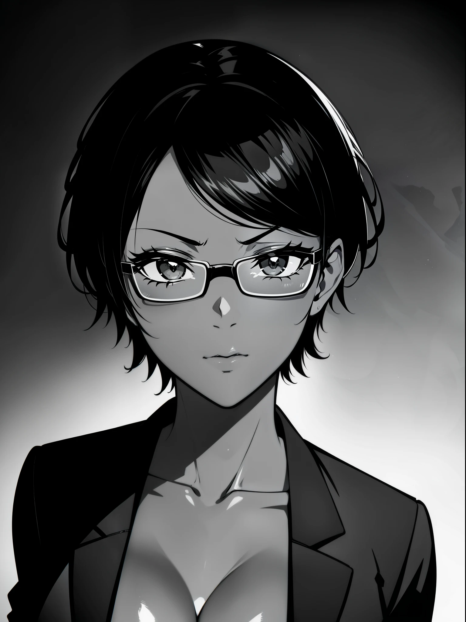 {8k image}, 1beautiful woman (dark skin), 20 years old, short black hair (pixie cut), scar on nose, busty, wearing glasses, wearing a black shirt with sports jacket, looking at the viewer with a serious expression, facing the camera, looking ahead, close up of face, no background, manga art style, lineart, detailed lineart, monochrome
