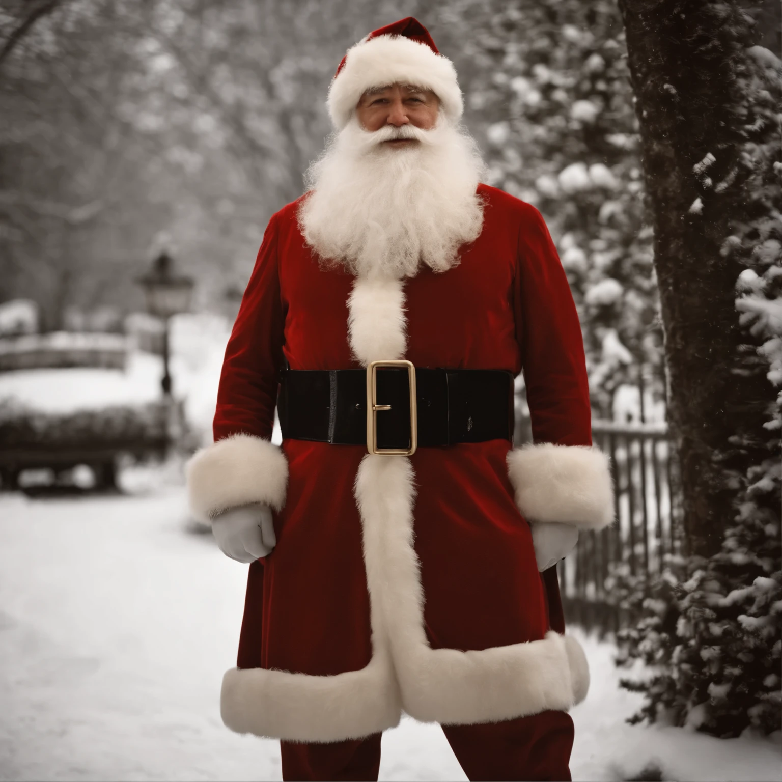 RAW photo,Santa Claus:1.2,1957,portrait,retro,black and white,vintage film,high contrast,grainy texture,creases,"old fashioned beard:1.1","detailed eyes:1.1","rosy cheeks","twinkling eyes","kind smile","eyebrows and mustache","fur-trimmed red suit","white gloves","shiny black boots","thick belt with golden buckle","snowy background","frosty air","magic in the air","wrinkles and lines on the face","nostalgic feeling",film grain,authentic,monochrome,enigmatic expression,magical atmosphere,beautifully aged photograph,classic Santa Claus appearance,traditional outfit,playful expression.