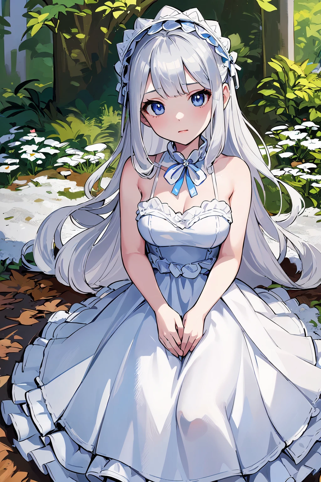 8k, Masterpiece Best Quality, Women, (Gentle Shape), (long haired girl with white blonde hair), perfect face, perfect hands, expressive eyes, sexy, fascinating, (((silver eyes))), ((pretty blue and white ta dress)), red lantern flower, laying on a pile of leaves, garden forest bg, deadly garden forest