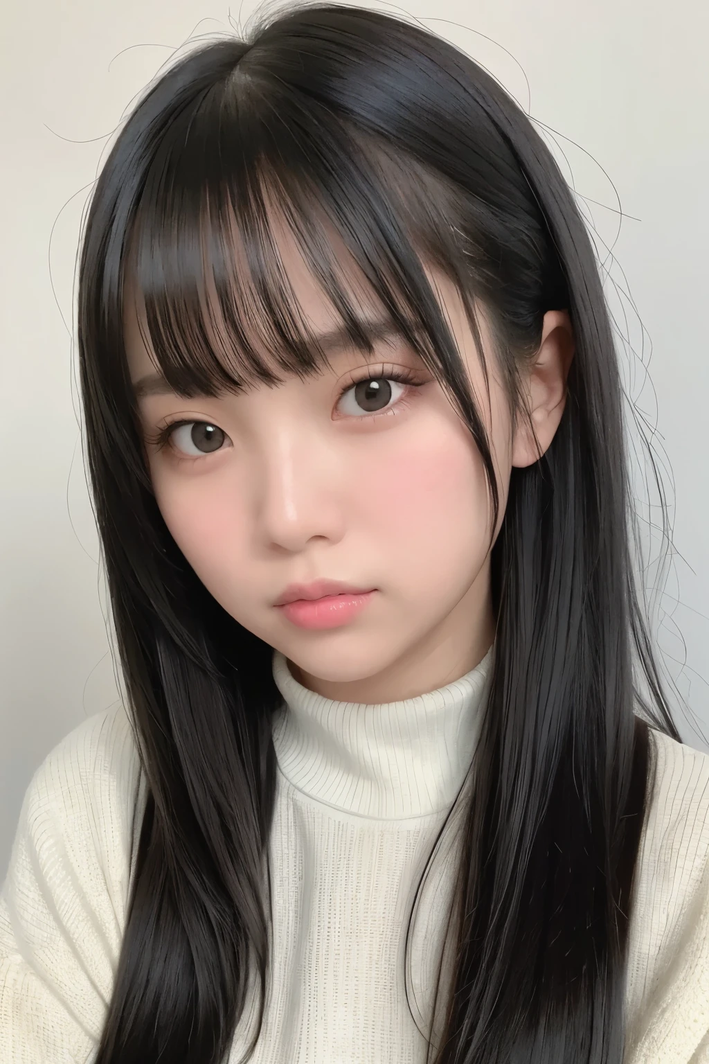 masterpiece, best quality,1girl, solo, black hair, realistic, long hair, sweater, bangs, closed mouth, upper body, hime cut, white background, potrait, simple background
