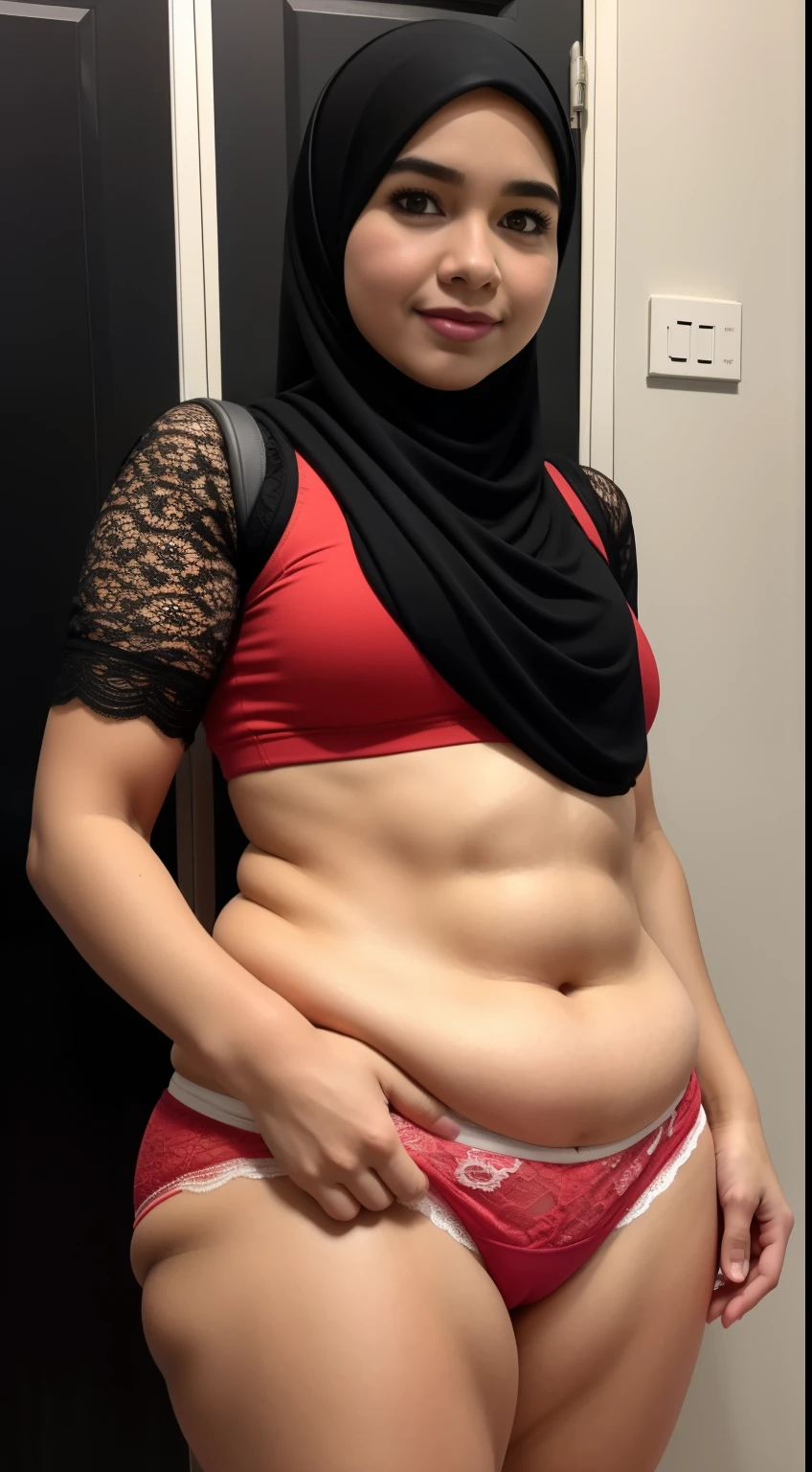 Realistic, 4K,38 yo, indian Kerala chubby fat hijab housewife,wearing strapless black bra and red skirt, fair skin, standing at bedroom , showing cleavages