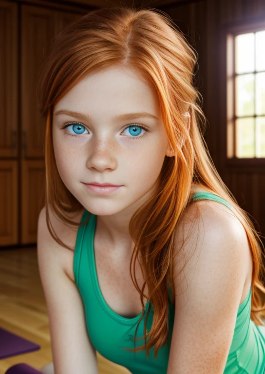 ultra realistic image, a ginger ager girl, cute face, green eyes, with a little freckles, doing yoga, a top, focus on his groint.