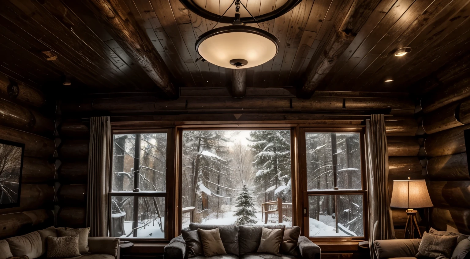 A double-height ceiling living room with a large, floor-to-ceiling window on one side log cabin. Outside is a dark snow-covered landscape. The living area is furnished with plush, contemporary sofas and chairs in neutral tones, grouped around a low, central coffee table. The room's color palette is composed of dark brown and warm tones, with the soft lighting from various lamps adding a cozy ambiance.