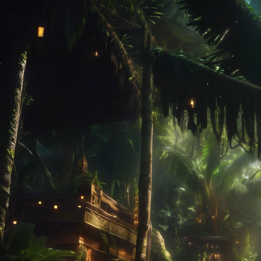 arafed walkway in a Jungle tropicale with a wooden structure, jungle fantastique, Cadre de jungle, Environnement de jungle, art nouveau Environnement de jungle, in a Environnement de jungle, fantasy style 8 k octane render, jungle magique, Belle jungle, In a very detailed jungle, overgrown Environnement de jungle, The background is lush jungle, Jungle tropicale, The jungle in arrière-plan