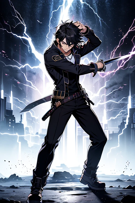 1boy, masterpiece, black hair, suit, full body, holding a sword, electricity around the sword, best quality, high res, handsome, angry, short ponytail, anime, perfect anatomy, sword pose,