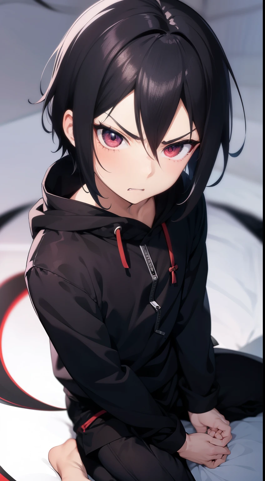 Anime Boy preteen , 1male , infant body, black hair , heterocromia , doujutsu sharingan e byakugan , angry face, black moletom , estilo anime , estilo musashi , estilo hyuuga and uchiha