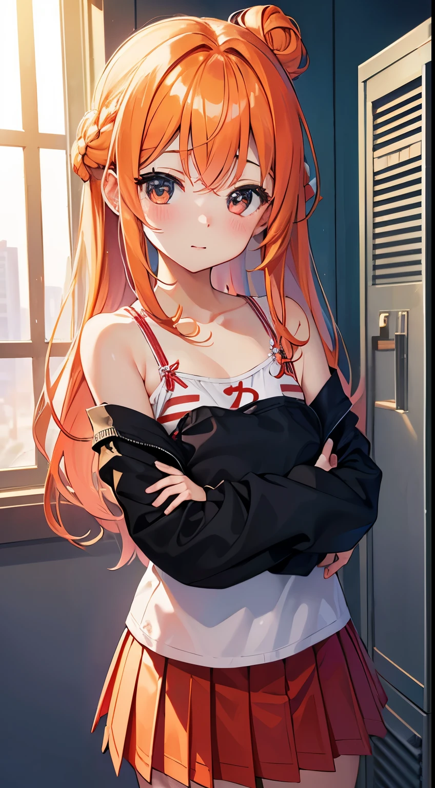 Highest quality illustrations:1.2), (kawaii girl:1.1), (2girls、8years old、Loli、Gamine、A tiny、kawaii、cute little、tiny chest、ultradetailed eyes:1.2)、(Yuri、the kiss、hug from behind、Grabbing the、Eyes half closed、eyecontact:1.erspiring、Hugged、red blush:1.1)、 BREAK Black cute sport Bra and blonde hair、Red stripped Bra and white hair、camisole、cotton panties、school skirt、Blonde white hair、White-haired, long straight hairstyle、low space buns hairstyle, Light red and braided hair、break(Locker Room:1.2)、(evening、evening、Orange Sunlight:1.2)、 BREAK(top-quality、ultra-detailliert、highly detailed and beautiful、超A high resolution、Detailed arm:1.2)、nsfw Beautiful pool