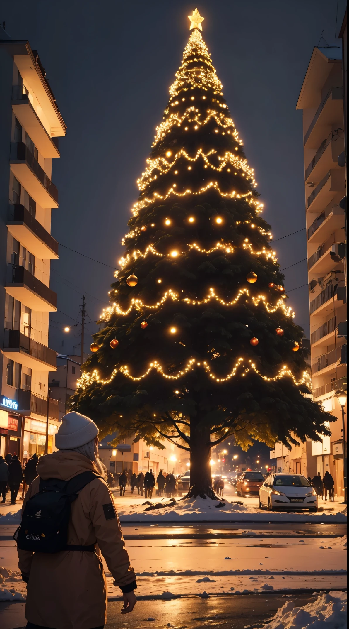 Cidade natalina, with damaged buildings, neve, neve caindo, presentes nas ruas, presente, pessoas felizes, natal, Christmas tree, com luzes neons,pisca pisca, arvore enfeitada com natal, ((((master part)))), (((ultra quidade))), (((4k))), ((hiper detalhado)), ((ultra detalhado)),