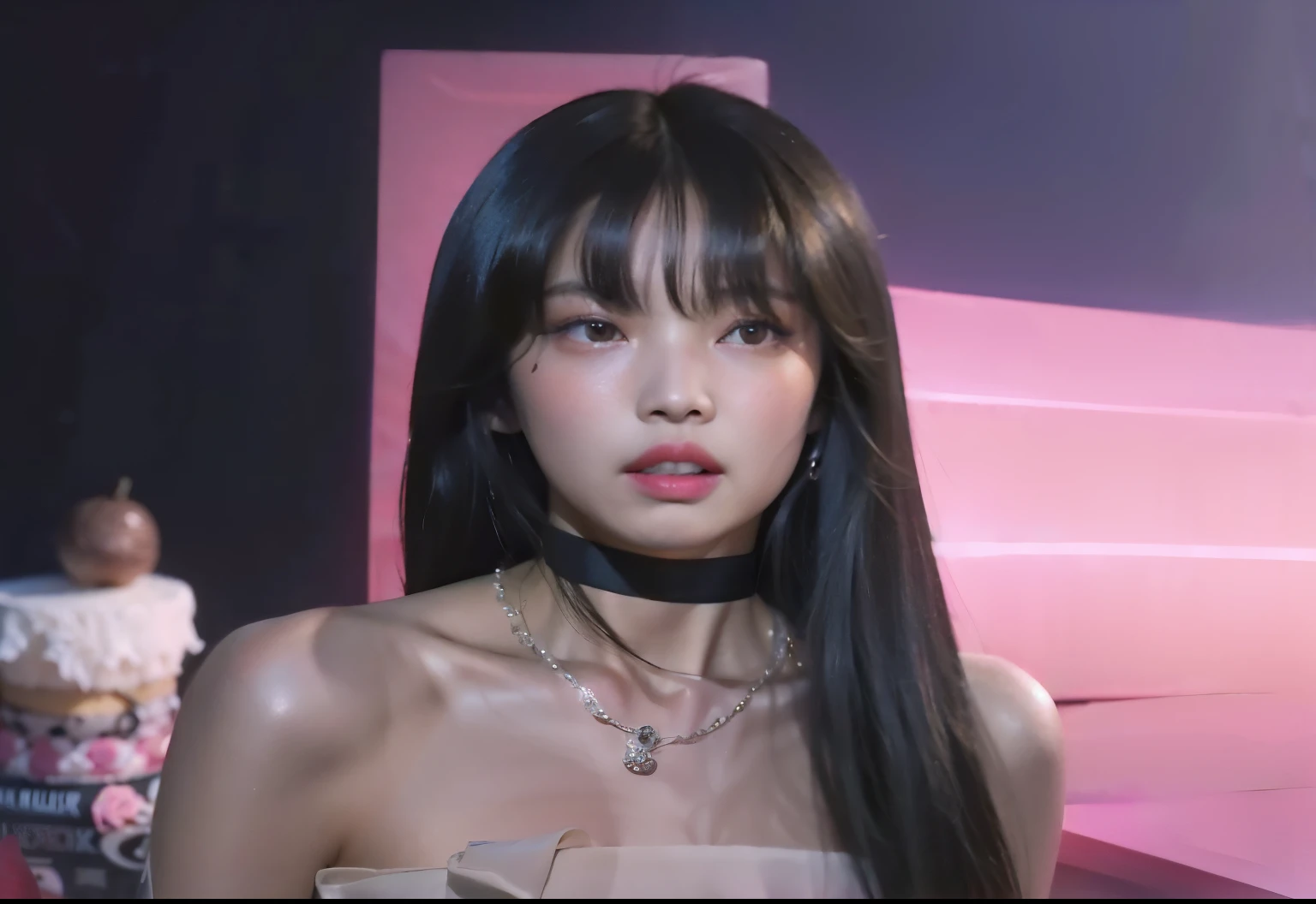 Un primer plano de una mujer con el pelo largo que lleva un estrangulador, Lalisa Manobal, Lalisa Manoban de Blackpink, Jossi de Blackpink, portrait of Jossi de Blackpink, she has black hair con flequillo, Parque Roseanne de Blackpink, con flequillo, Jisoo de Blackpink, con flequillo completo, El Corte Hime, Jisoo de Blackpink, Blackpink Jennie