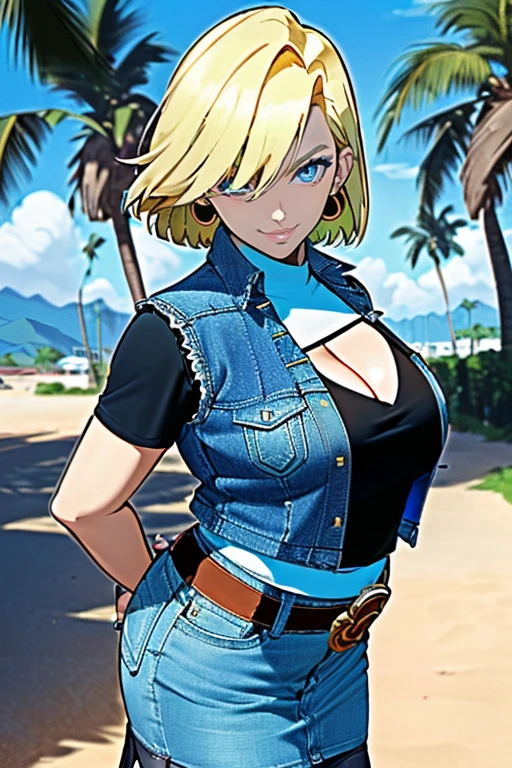 1girl, (solo:1.2), (standing:1.3), (interacting:1.3), (cowboy shot:1.5), (curvy:1.2), smile, happy, at ease, (masterpiece:1.3), (best quality:1.erfect anatomy:1.4), highly detailed, (tropical beach:1.alm trees, azure blue water, daylight, summer,, android18, earrings, denim, belt, blonde hair, blue eyes, short hair, jewelry, (denim vest:1.2), open vest, black pantyhose, black shirt, denim skirt, (white striped long sleevelue skirt, large breasts, 55level, semi-traditional artstyle, (clean lineart:1.3), (soft shading:1.2), expert shading