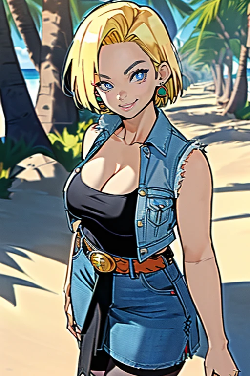 1girl, (solo:1.2), (standing:1.3), (interacting:1.3), (cowboy shot:1.5), (curvy:1.2), smile, happy, at ease, (masterpiece:1.3), (best quality:1.erfect anatomy:1.4), highly detailed, (tropical beach:1.alm trees, azure blue water, daylight, summer,, android18, earrings, denim, belt, blonde hair, blue eyes, short hair, jewelry, (denim vest:1.2), open vest, black pantyhose, black shirt, denim skirt, (white striped long sleevelue skirt, large breasts, 55level, semi-traditional artstyle, (clean lineart:1.3), (soft shading:1.2), expert shading