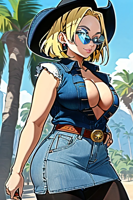 1girl, (solo:1.2), (standing:1.3), (interacting:1.3), (cowboy shot:1.5), (curvy:1.2), smile, happy, at ease, (masterpiece:1.3), (best quality:1.erfect anatomy:1.4), highly detailed, (tropical beach:1.alm trees, azure blue water, daylight, summer,, android18, earrings, denim, belt, blonde hair, blue eyes, short hair, jewelry, (denim vest:1.2), open vest, black pantyhose, black shirt, denim skirt, (white striped long sleevelue skirt, large breasts, 55level, semi-traditional artstyle, (clean lineart:1.3), (soft shading:1.2), expert shading