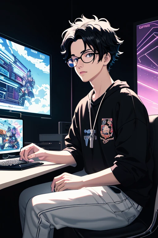 masterpiece), (best illustration),(with human),(boy),(black hair),(glasses), anime background, gaming bedroom, television with large computer, ring lighting , rim lighting,(extremely detailed CG unity 8k wallpaper),(masterpiece), (best quality), (vaporwave style), (ultra-detailed), (best illustration),(best shadow),perfect lighting , perfect anatomy , vivid colors,