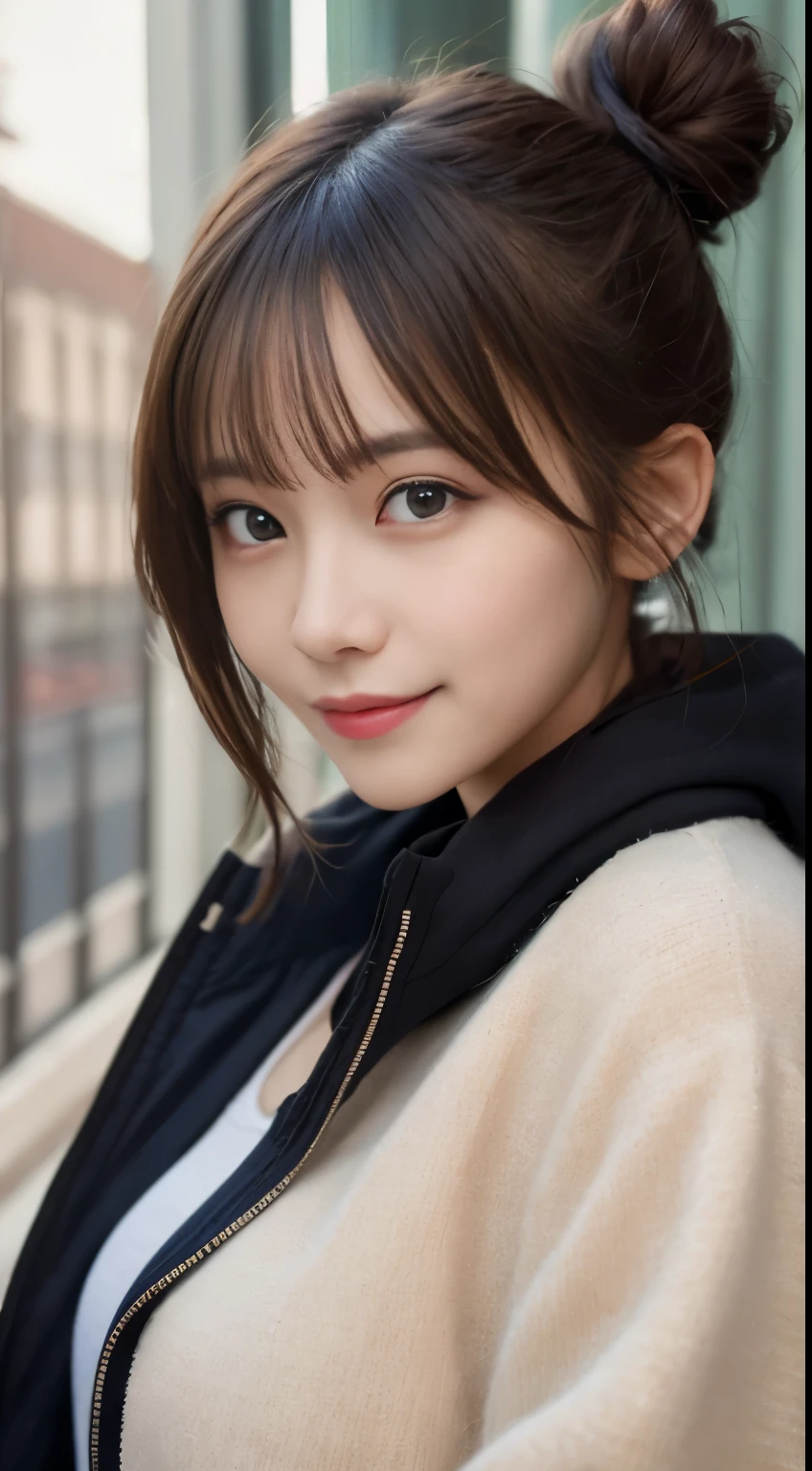 masutepiece, Best Quality, Illustration, Ultra-detailed, finely detail, hight resolution, 8K Wallpaper, Perfect dynamic composition, Beautiful detailed eyes, Down jacket,Bun hair,Small breasts natural color lip, Bold sexy poses,Smile、20 years girl、Cute、Sexy shot looking at camera,Raw photo