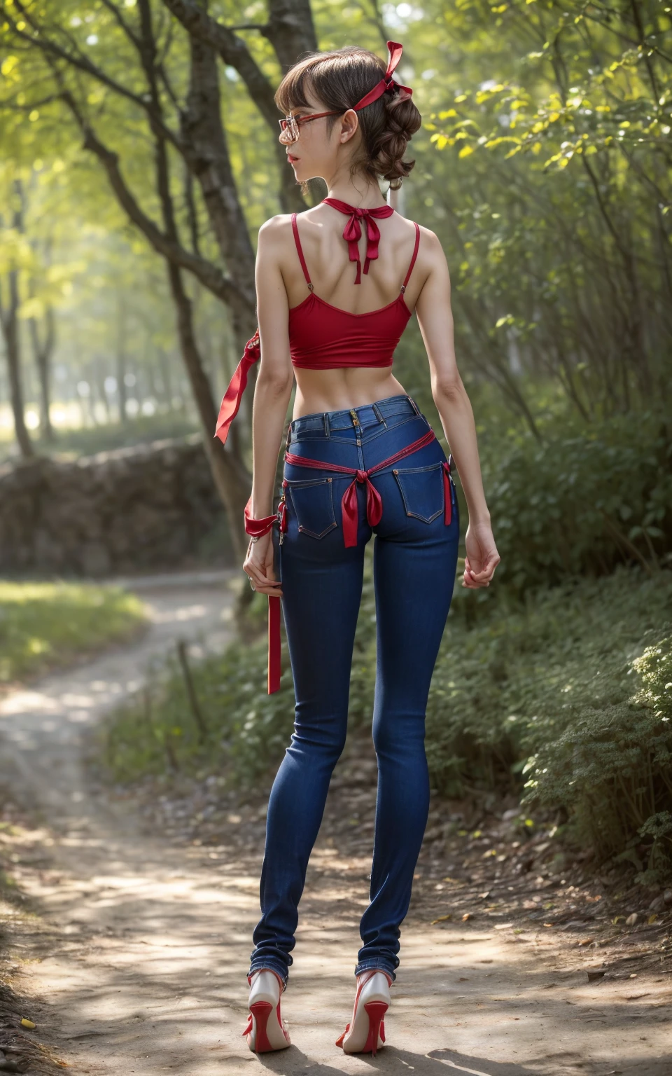 (8K, Masterpiece, RAW photo, Best quality, detail:1.3), (ultra realistic Natural background, scenary:1.5), Depth of field, Cinematic light, (ultra realistic face), (1 picture of 1 solo girl Airim Jones:1.6), 1girl, (Beautiful and elegant Russian girl), (skinny girl with glasses), (European face:1.3), (perfect complete full body:1.6), (full body shot including shoes:1.6), (perfect [frontal view|side profile|back profile]:1.5), (small necklace, collarbone:1.1), ( [bangs|pigtails|bob|pixie] hair:1.5), (ultra detailed skin:1.4), (sexy red minitop:1.5), (soft fabric miniTop:1.5), (Ribbon Tie Jeans:1.6), (perfect standing pose:1.5), (perfect long legs:1.35), (low rise jeans:1.5), (low waisted jeans:1.5), (perfect shoes:1.5), (perfect feet:1.5)
