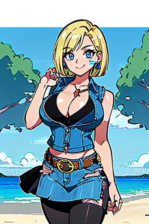 1girl, (solo:1.2), (standing:1.3), (interacting:1.3), (cowboy shot:1.5), (curvy:1.2), smile, happy, at ease, (masterpiece:1.3), (best quality:1.erfect anatomy:1.4), highly detailed, (tropical beach:1.alm trees, azure blue water, daylight, summer,, android18, earrings, denim, belt, blonde hair, blue eyes, short hair, jewelry, (denim vest:1.2), open vest, black pantyhose, black shirt, denim skirt, (white striped long sleevelue skirt, large breasts, 55level, semi-traditional artstyle, (clean lineart:1.3), (soft shading:1.2), expert shading