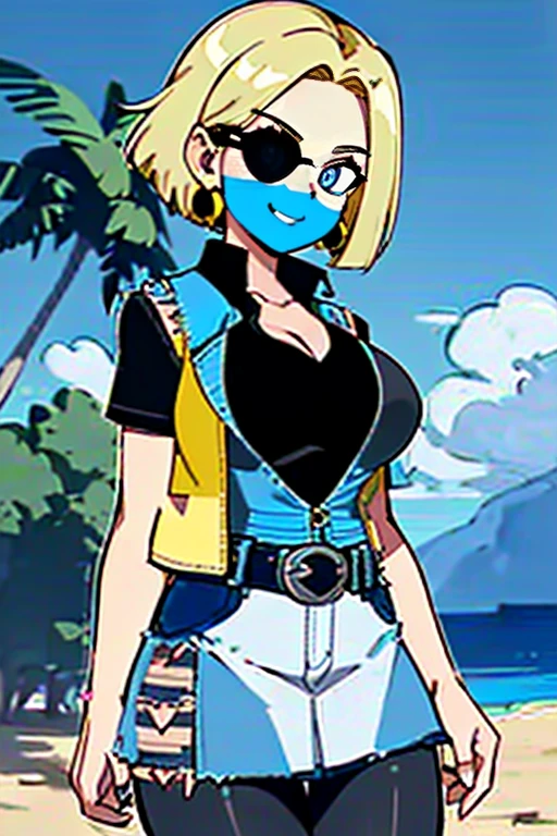 1girl, (solo:1.2), (standing:1.3), (interacting:1.3), (cowboy shot:1.5), (curvy:1.2), smile, happy, at ease, (masterpiece:1.3), (best quality:1.erfect anatomy:1.4), highly detailed, (tropical beach:1.alm trees, azure blue water, daylight, summer,, android18, earrings, denim, belt, blonde hair, blue eyes, short hair, jewelry, (denim vest:1.2), open vest, black pantyhose, black shirt, denim skirt, (white striped long sleevelue skirt, large breasts, 55level, semi-traditional artstyle, (clean lineart:1.3), (soft shading:1.2), expert shading
