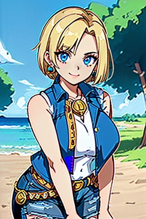 1girl, (solo:1.2), (standing:1.3), (interacting:1.3), (cowboy shot:1.5), (curvy:1.2), smile, happy, at ease, (masterpiece:1.3), (best quality:1.erfect anatomy:1.4), highly detailed, (tropical beach:1.alm trees, azure blue water, daylight, summer,, android18, earrings, denim, belt, blonde hair, blue eyes, short hair, jewelry, (denim vest:1.2), open vest, black pantyhose, black shirt, denim skirt, (white striped long sleevelue skirt, large breasts, 55level, semi-traditional artstyle, (clean lineart:1.3), (soft shading:1.2), expert shading