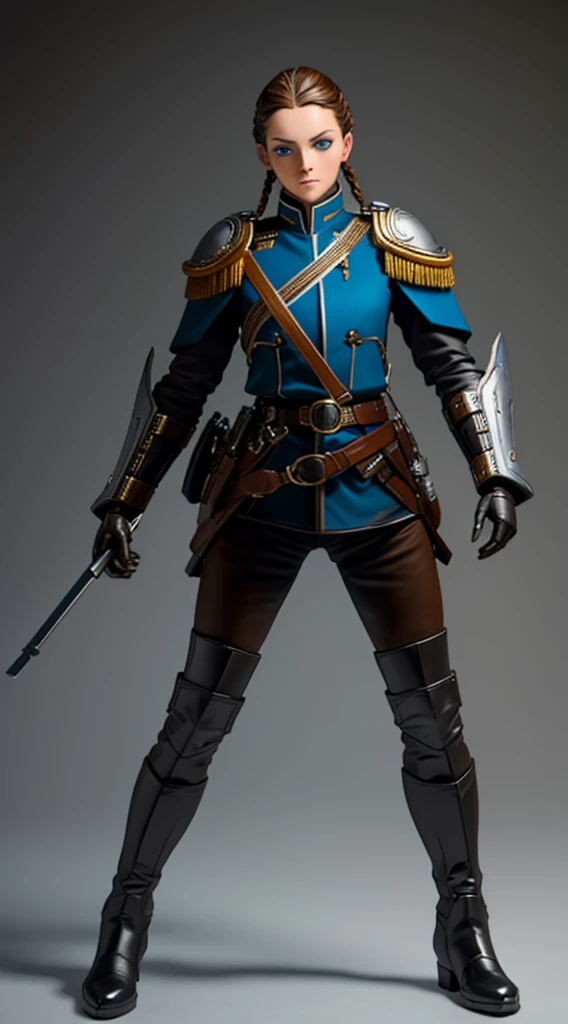 Woman, Adult, beautiful face, light blue eyes, brown hair, hair is braided, hair is shiny, Military clothing, 19th century clothing, leather belt, metal buckle, uniform has metal buttons , black leather gloves, tight black boots, that the boots reach to the knees, with a leather belt on each boot, that the uniform is green, with blue shoulder pads, with good quality, with good focus on the face, with details in the eyes, with good quality, that he is standing, full body, HD, 8K, masterpiece, with a musket, that the musket has silver details, with the musket on the side of the character, good detail on the musket.