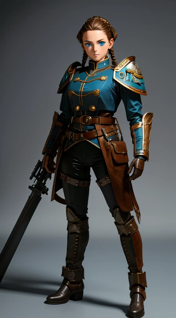 Woman, Adult, beautiful face, light blue eyes, brown hair, hair is braided, hair is shiny, Military clothing, 19th century clothing, leather belt, metal buckle, uniform has metal buttons , black leather gloves, tight black boots, that the boots reach to the knees, with a leather belt on each boot, that the uniform is green, with blue shoulder pads, with good quality, with good focus on the face, with details in the eyes, with good quality, that he is standing, full body, HD, 8K, masterpiece, with a musket, that the musket has silver details, with the musket on the side of the character, good detail on the musket.