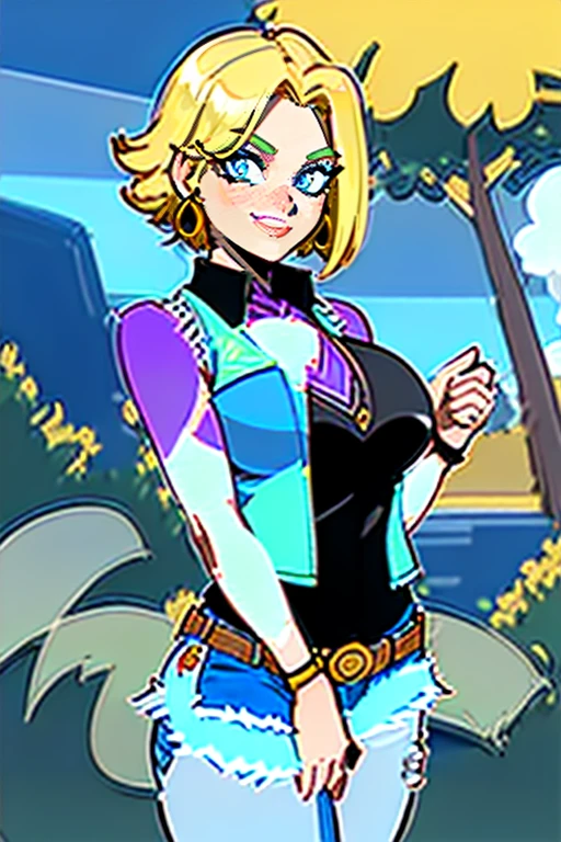 1girl, (solo:1.2), (standing:1.3), (interacting:1.3), (cowboy shot:1.5), (curvy:1.2), smile, happy, at ease, (masterpiece:1.3), (best quality:1.erfect anatomy:1.4), highly detailed, (tropical beach:1.alm trees, azure blue water, daylight, summer,, android18, earrings, denim, belt, blonde hair, blue eyes, short hair, jewelry, (denim vest:1.2), open vest, black pantyhose, black shirt, denim skirt, (white striped long sleevelue skirt, large breasts, 55level, semi-traditional artstyle, (clean lineart:1.3), (soft shading:1.2), expert shading