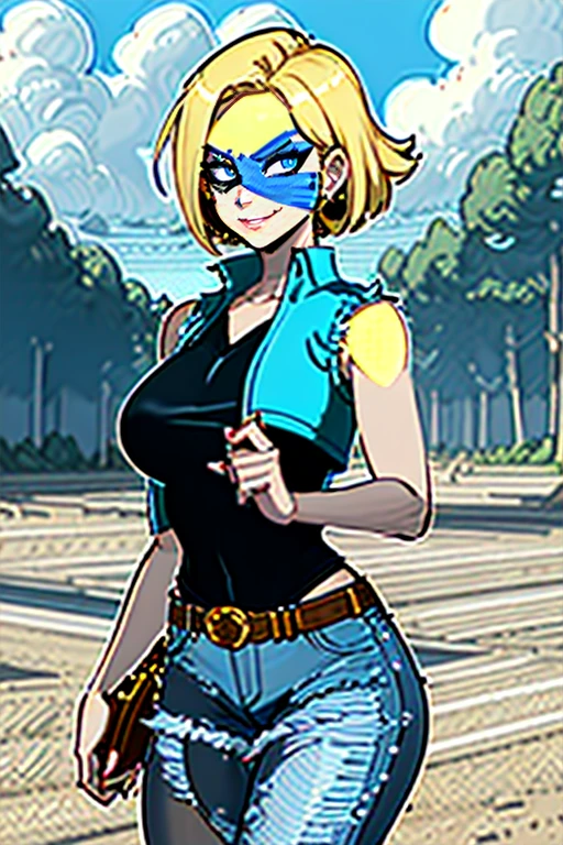 1girl, (solo:1.2), (standing:1.3), (interacting:1.3), (cowboy shot:1.5), (curvy:1.2), smile, happy, at ease, (masterpiece:1.3), (best quality:1.erfect :1.4), highly detailed, (tropical beach:1.alm trees, azure blue water, daylight, summer,, android18, earrings, denim, belt, blonde hair, blue eyes, short hair, jewelry, (denim vest:1.2), open vest, black pantyhose, black shirt, denim skirt, (white striped long sleevelue skirt, , 55level, semi-traditional artstyle, (clean lineart:1.3), (soft shading:1.2), expert shading