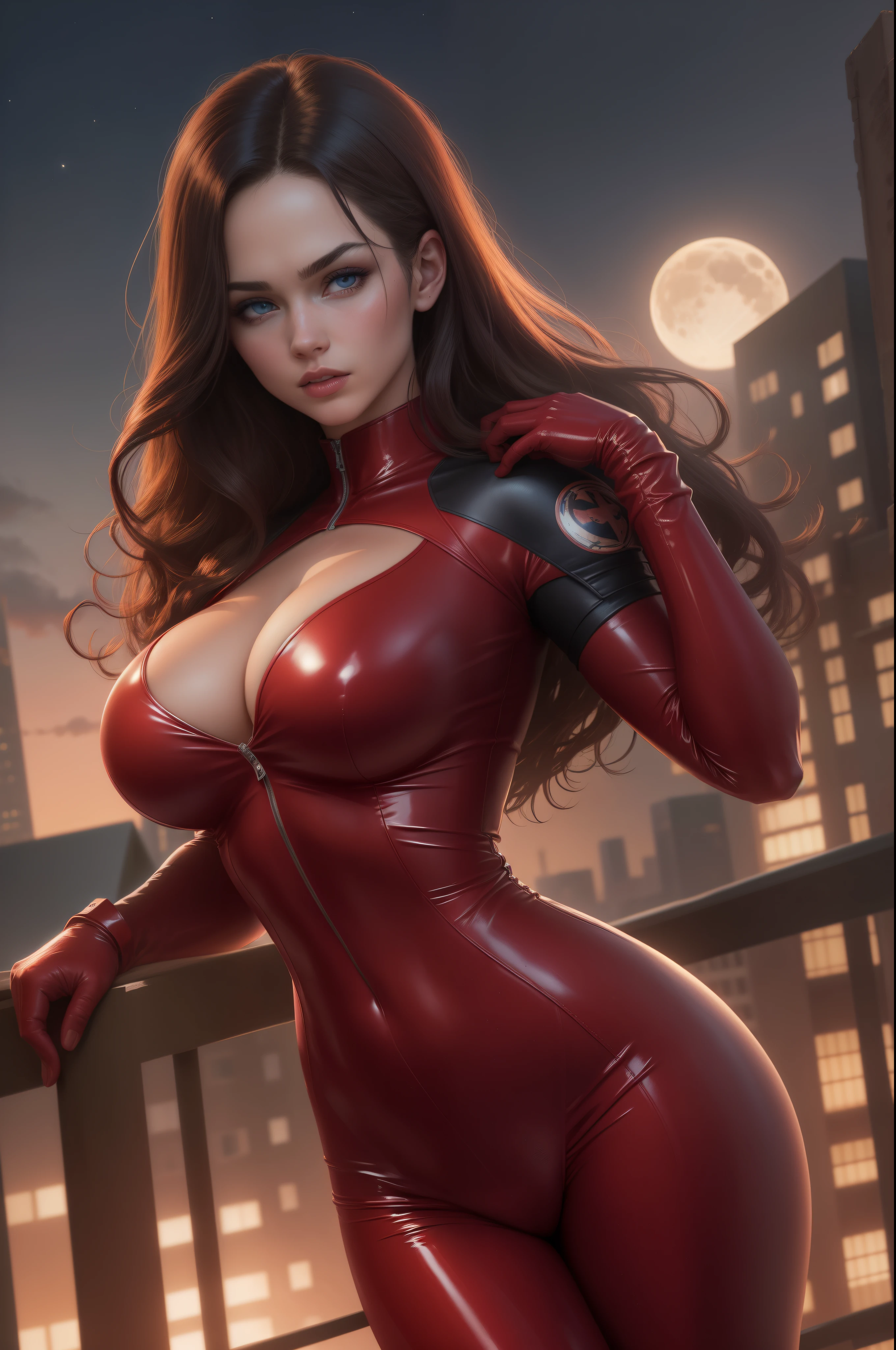 red latex suit, skin tight, cleavage, rooftop in Gotham city, moon in background, 32k, best quality, masterpiece:1.2), 1 girl, 3d, big breasts, lips, realistic, shirt, solo, stomach, beautiful delicate face, beautiful delicate blue eyes ,(realistic, photo realistic:1) HDR, 32k, UHD, best quality,