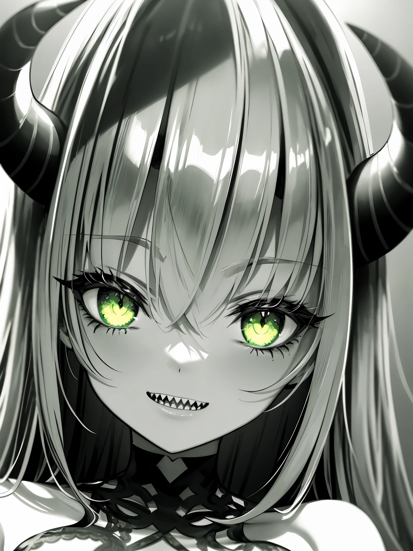 monochrome green style, close up, 1girl, demon girl, horns, sharp teeth, lime colored eyes, looking at viewer,
hard lighting, best quality, intricate, highly detailed, masterpiece,
