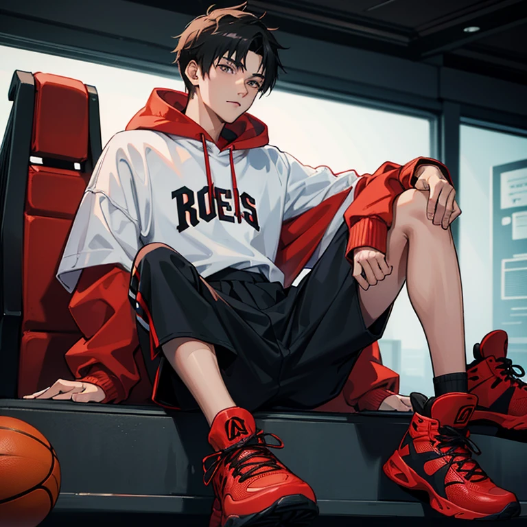 1 Korean young man，20yr old，Hair is medium length，Red sweatshirt，Black  shorts，Red and white high top basketball shoes，sit and look down