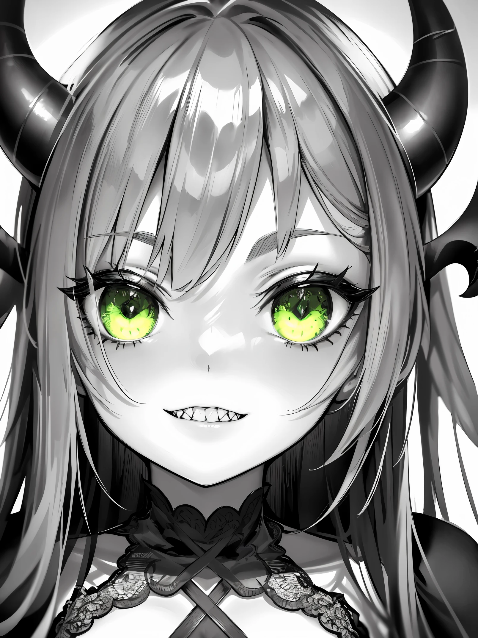 monochrome green style, close up, 1girl, demon girl, horns, sharp teeth, lime colored eyes, looking at viewer,
hard lighting, best quality, intricate, highly detailed, masterpiece,