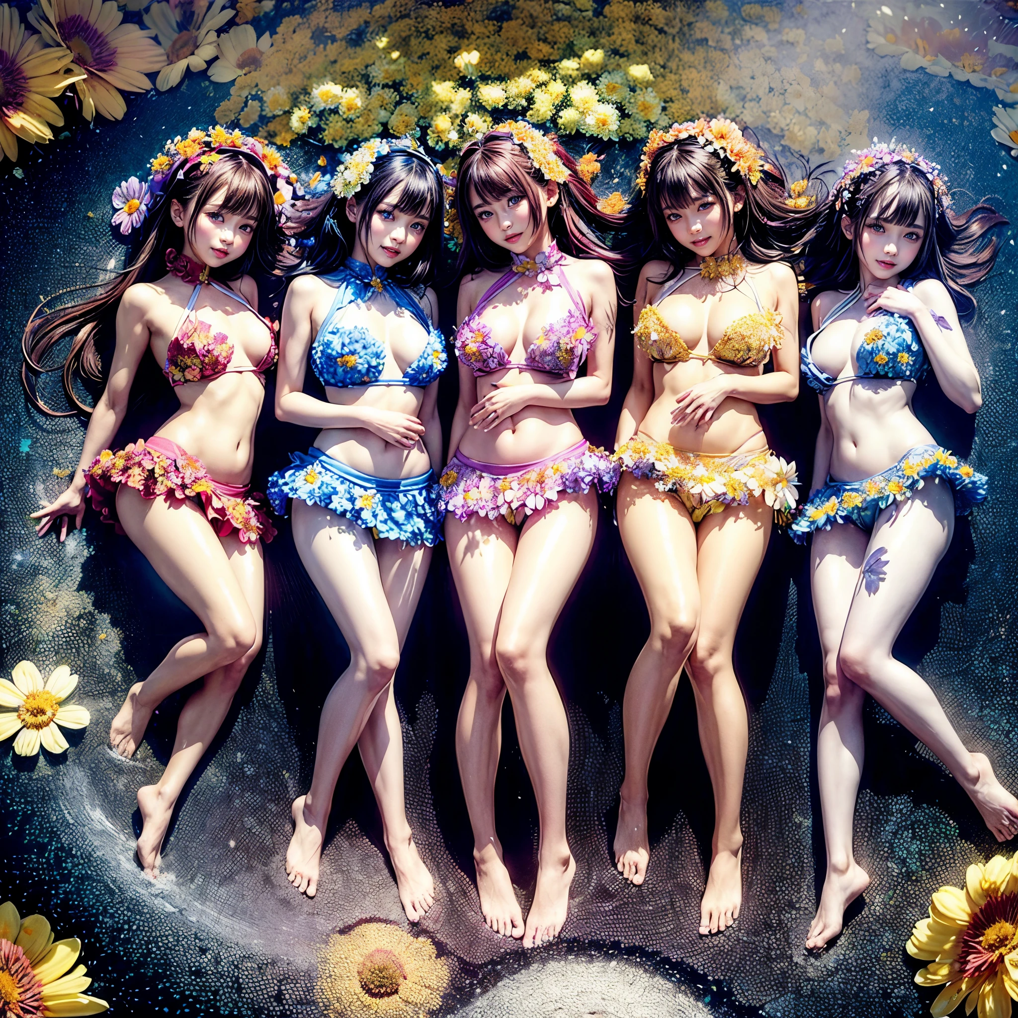 (((4 s laying in a colorful flower space, full of flowers))), ((SFW)), (Acutance), (Exposed:1.2), (Nipple:-0.9), (Face variations), { Sailor collar Uniform | Delicate white lace knitted wear | Delicate bikini made of flowers }, { Swaguchi Aika | Navel | pretty Ass | Overflowing sideboob | laying back }, { laughing | evil smile | :D }, ( oiled glistening skin), (fullbody:1.2), various color hair, {short bob|bung hair|low twin tail hair}, various boobs including flat chest, dynamic angle,  {White| Red | gold | vivid colors }, portrayed in the best quality and high resolution. The image should be ultra-detailed, ( realistic, and (photorealistic:1.37) with a touch of rawness ), an extremely delicate and beautiful, (( covering whole body with (many many flowers:1.37))), ( no extra limbs ) .