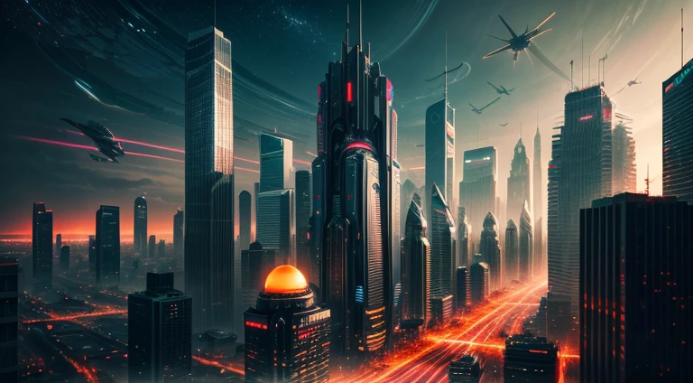 A futuristic cityscape on another planet, sleek skyscrapers and flying cars against an alien sky, robots and cyborgs bustling in the streets, a blend of advanced technology and sci-fi aesthetics, Paper-cut art, intricate layers of metallic and neon-colored paper,