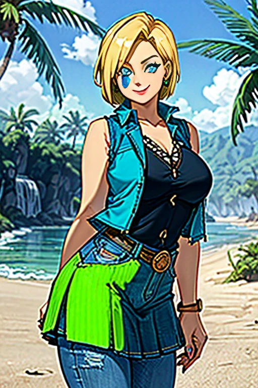 1girl, (solo:1.2), (standing:1.3), (interacting:1.3), (cowboy shot:1.5), (curvy:1.2), smile, happy, at ease, (masterpiece:1.3), (best quality:1.erfect anatomy:1.4), highly detailed, (tropical beach:1.alm trees, azure blue water, daylight, summer,, android18, earrings, denim, belt, blonde hair, blue eyes, short hair, jewelry, (denim vest:1.2), open vest, black pantyhose, black shirt, denim skirt, (white striped long sleevelue skirt, large breasts, houtengeki, soft shading