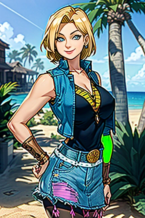 1girl, (solo:1.2), (standing:1.3), (interacting:1.3), (cowboy shot:1.5), (curvy:1.2), smile, happy, at ease, (masterpiece:1.3), (best quality:1.erfect anatomy:1.4), highly detailed, (tropical beach:1.alm trees, azure blue water, daylight, summer,, android18, earrings, denim, belt, blonde hair, blue eyes, short hair, jewelry, (denim vest:1.2), open vest, black pantyhose, black shirt, denim skirt, (white striped long sleevelue skirt, large breasts, houtengeki, soft shading