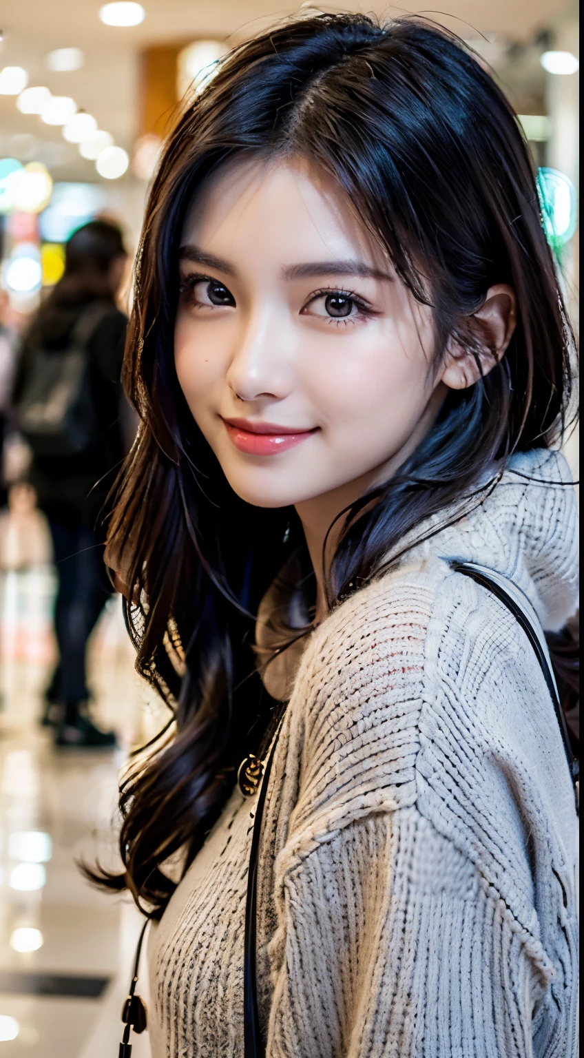 wide angle shot of 1girl at a mall, Extremely beautiful, amazing face and eyes, extremely detailed beautiful face, SLIGHTLY LONG CHIN), (Ultra realistic), (highly detailed eyes, highly detailed hair, highly detailed face, highly detailed plump lip, petite and curvy, posing slightly, upper and lower body, sweet smile, (best quality:1.4), Raw photo, (realistic, photo-realistic:1.37), professional photography, cinematic light, long curly dark hair, wearing cozy winter outfit at the mall automatic ratio 4:3