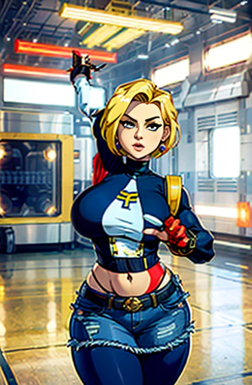 (dynamic pose:1.5), (foreshortening:1.6), (head fully in frame:1.3), (beautiful face:1.5), (cowboy shot:1.3), looking at viewer, beautiful eyes, (curvy:1.3), (large breasts:1.3), (wide hips:1.2), narrow waist, (abs), rizdraws, thick lineart, (film grain:1.2), (semi-traditional artstyle:1.3),, and18, 1girl, android 18, solo, blonde hair, blue eyes, short hair, earrings, jewelry, denim vest, open vest, black pantyhose, black shirt, denim skirt, striped long sleeves, blue skirt, large breasts, (testing facility:1.4), (yellow-red markings:1.3), inside, high ceiling, ceiling lights, tiled, modern, (large room:1.5), electricy cables on the floor:1.2),
