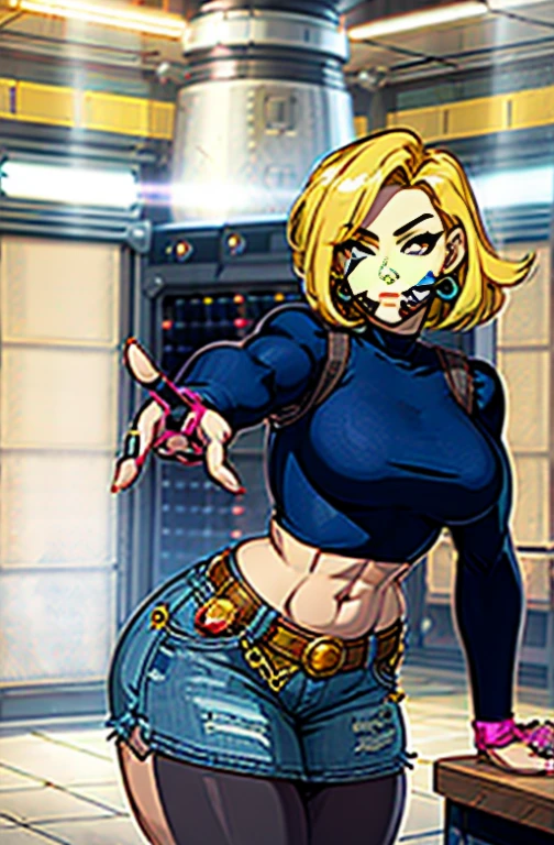 (dynamic pose:1.5), (foreshortening:1.6), (head fully in frame:1.3), (beautiful face:1.5), (cowboy shot:1.3), looking at viewer, beautiful eyes, (curvy:1.3), (large breasts:1.3), (wide hips:1.2), narrow waist, (abs), rizdraws, thick lineart, (film grain:1.2), (semi-traditional artstyle:1.3),, and18, 1girl, android 18, solo, blonde hair, blue eyes, short hair, earrings, jewelry, denim vest, open vest, black pantyhose, black shirt, denim skirt, striped long sleeves, blue skirt, large breasts, (testing facility:1.4), (yellow-red markings:1.3), inside, high ceiling, ceiling lights, tiled, modern, (large room:1.5), electricy cables on the floor:1.2),