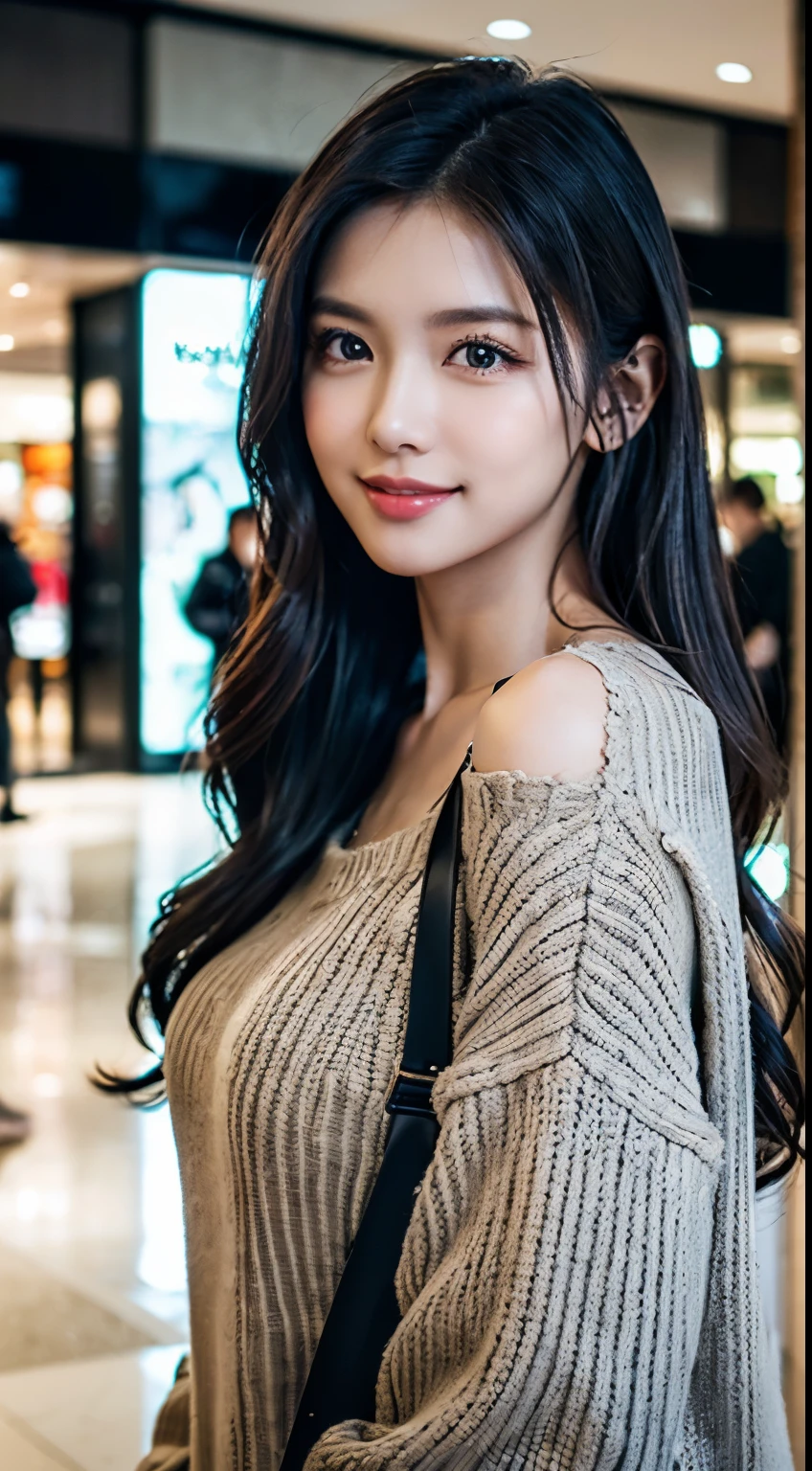 wide angle shot of 1girl at a mall, Extremely beautiful, amazing face and eyes, extremely detailed beautiful face, SLIGHTLY LONG CHIN), (Ultra realistic), (highly detailed eyes, highly detailed hair, highly detailed face, highly detailed plump lip, petite and curvy, posing slightly, upper and lower body, sweet smile, (best quality:1.4), Raw photo, (realistic, photo-realistic:1.37), professional photography, cinematic light, long curly dark hair, wearing cozy winter outfit at the mall automatic ratio 4:3