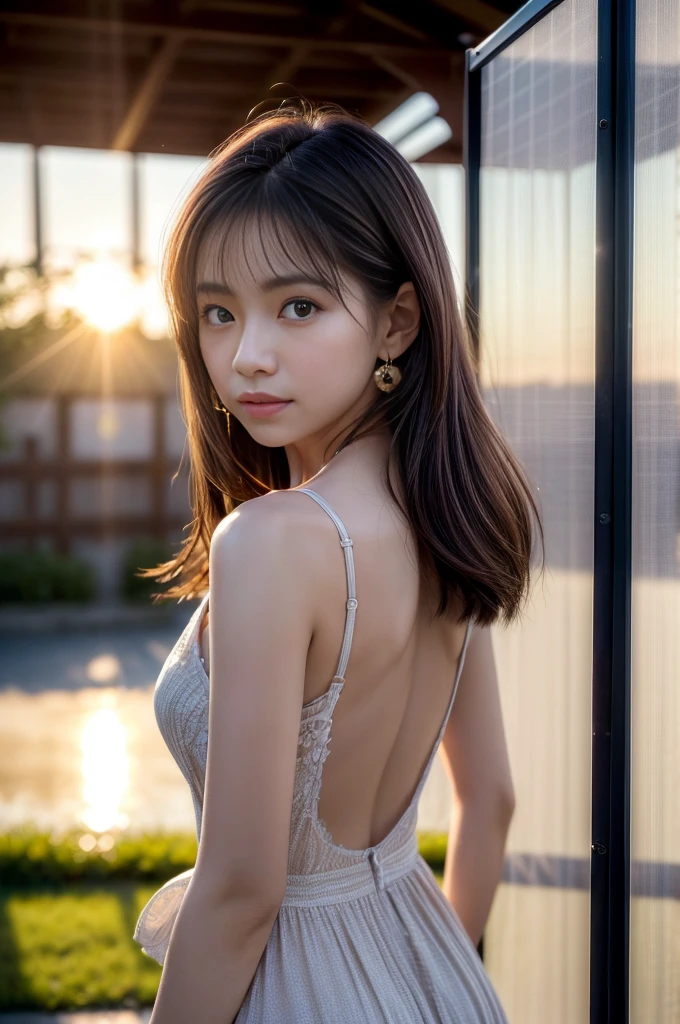 photo finish, slender, Japan beauty, detailed eyes, dark black eyes, little smile, feminine underwear, sunset, realphoto, cutybeauty --auto --s2