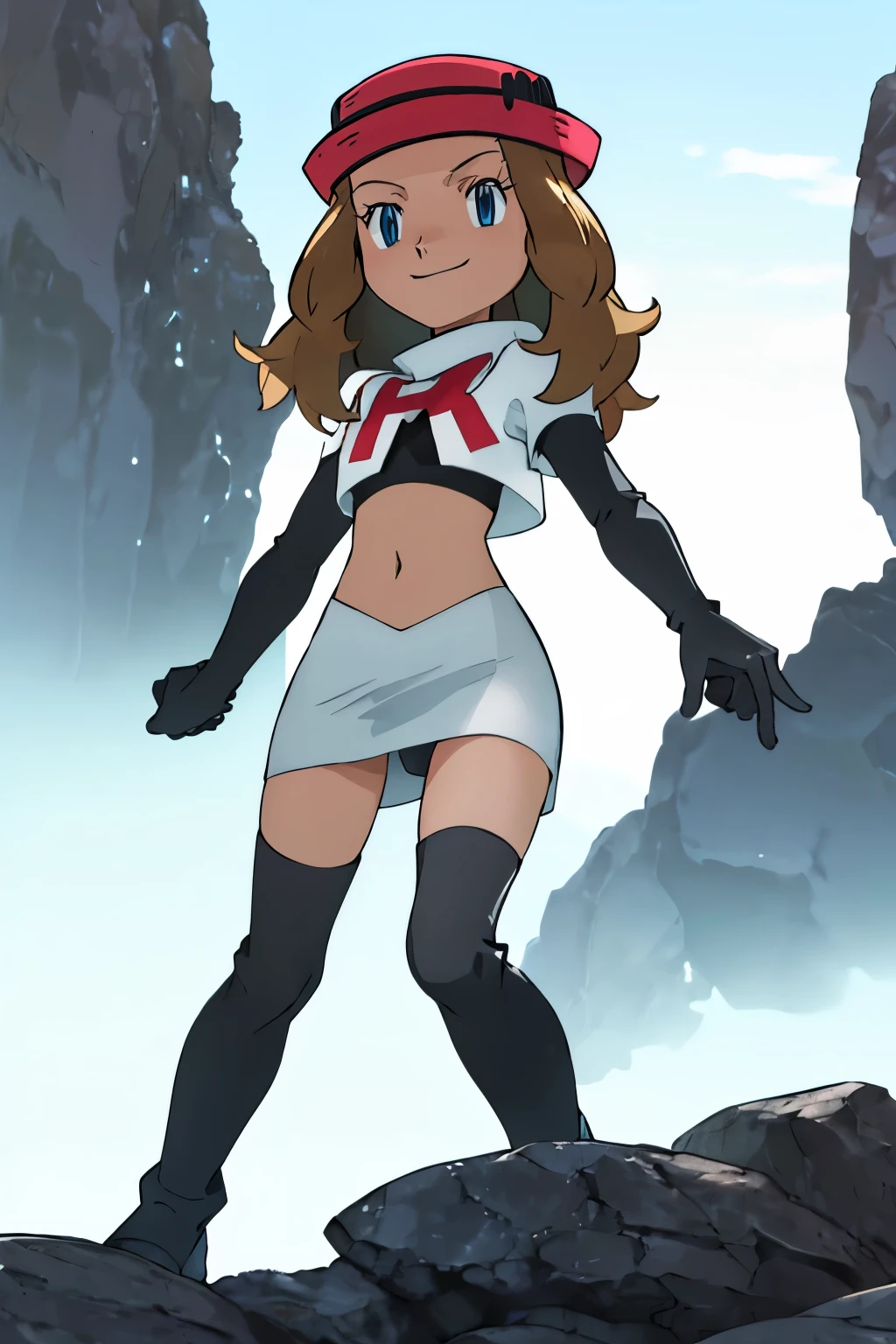 masterpiece, best quality, highres, outdoors, 1girl, solo, serena (pokemon), hat ,glossy lips ,team rocket uniform, red letter R, white skirt,white crop top,black thigh-high boots, black elbow gloves, evil smile, looking at viewer, cowboy shot