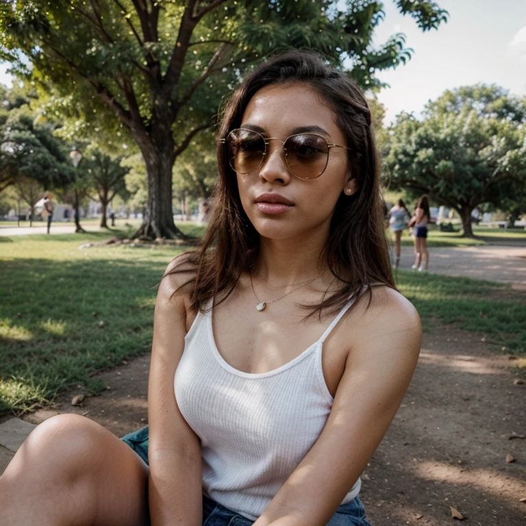 1 light-skinned 23-year-old woman, taking a selfie in the park under a tree wearing sunglasses