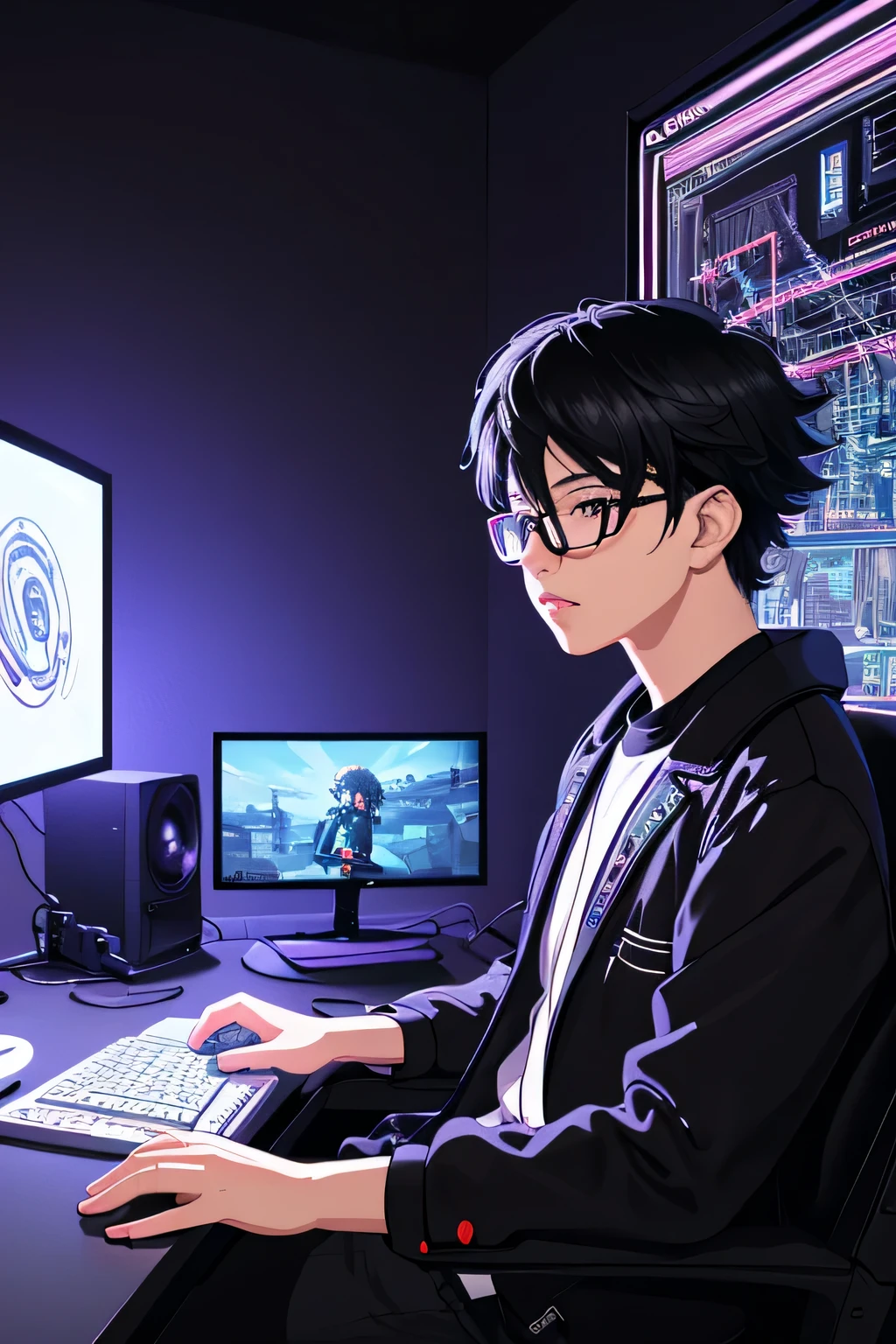 masterpiece), (best illustration),(with human),(boy),(black hair),(glasses), anime background, gaming bedroom, television with large computer, ring lighting , rim lighting,(extremely detailed CG unity 8k wallpaper),(masterpiece), (best quality), (vaporwave style), (ultra-detailed), (best illustration),(best shadow),perfect lighting , perfect anatomy , vivid colors,