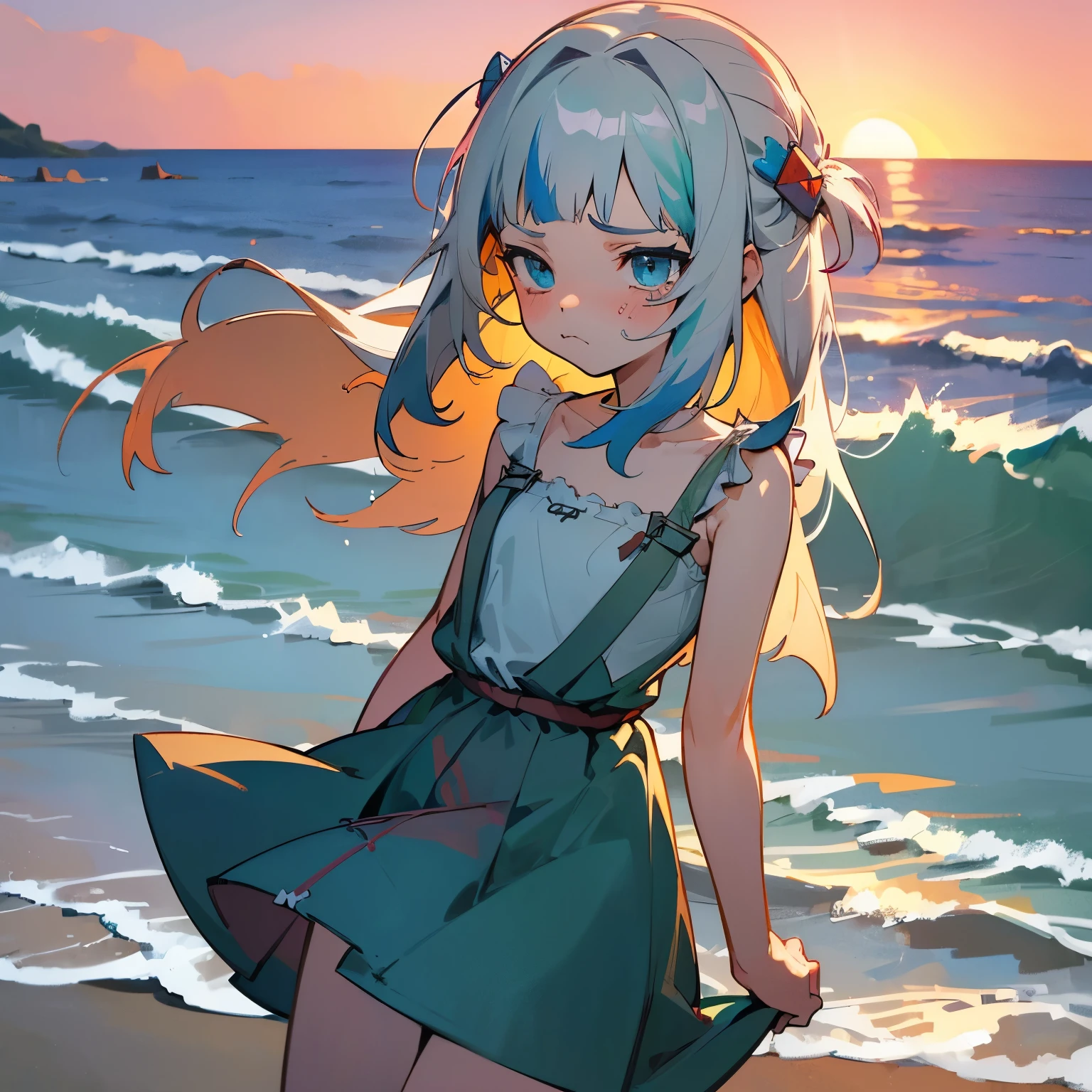 ((Gawr gura)), ((masterpiece)), high resolution,((best quality)), 1girl, solo, (sad face), Ultra High Res, flat chest, Plain White Long Camisole Dress, Beach, (Sunset), (Gothic horror Theme),
