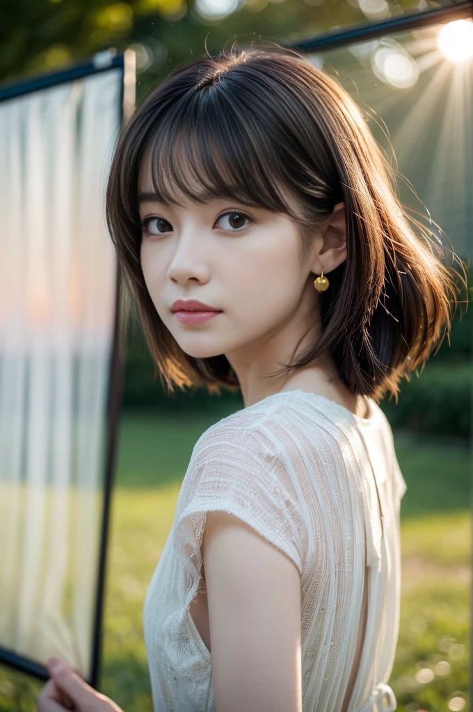 (Photoreal Stick:1.5, masutepiece:1.5, 8K), (top-quality, masterpiece, 超A high resolution), (Face Sharp Focus:1.45), Professional camera work:1.25, Highly detailed skin and facial texture:1.3, Grow Light Effect, The ultra-detailliert:1.3, 1girl in, Fair skin, (Sense of clarity:1.5), Extremely beautiful face:1.3, Sense of clarityを感じる目:0.9, looking distantly, Enraptured look:1.0, i love you completely:0.8, slightly open mouth:0.4, Sense of clarityを感じる口当たり:0.7, 二重まぶた, Dark brown medium hair, necklace and earrings, looking at viewert, (sunrises, Light sunlight:1.3, sunlight shining from behind:1.3, Pale sunlight spreads across the screen:1.5)